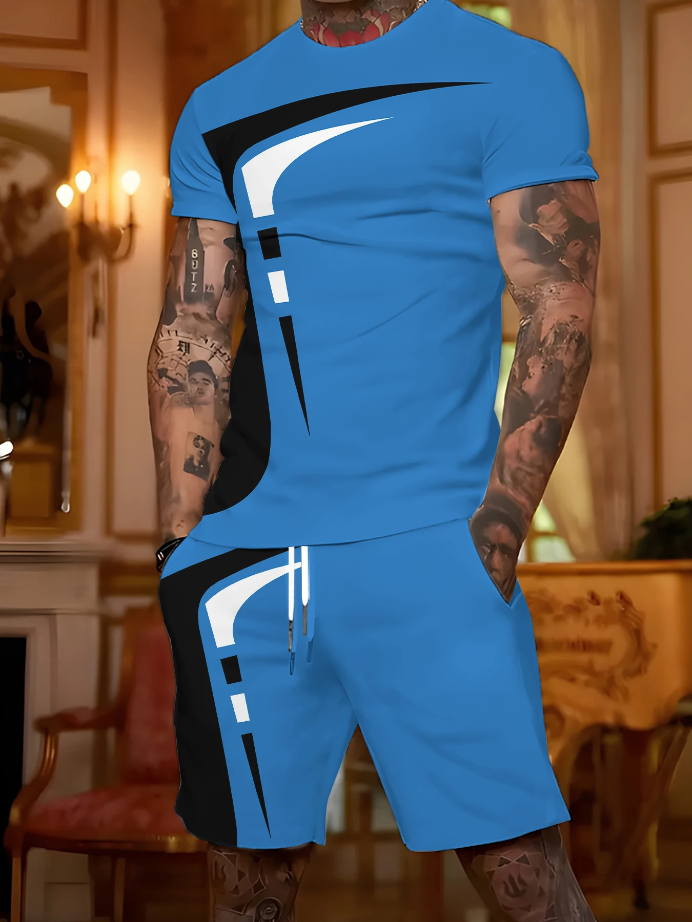 

Мужская сине-черная костюмная футболка с цветными блоками и геометрическим принтом, спортивный и модный комплект из двух предметов