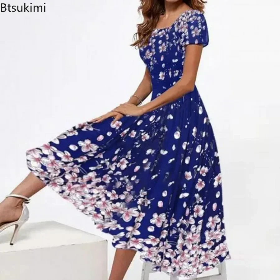 2026 Women\'s Summer Casual Dress Floral Print Square Neck Ladies\' Evening Party Dress Vintage Long Dress Female A-Line Vestidos