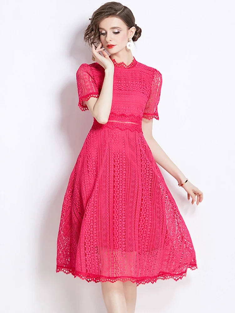 

Vintage Fashion Solid Lace Hollow Out Midi Dress For Women's Summer Elegant High Waist Slim Party Dress Female Clothing