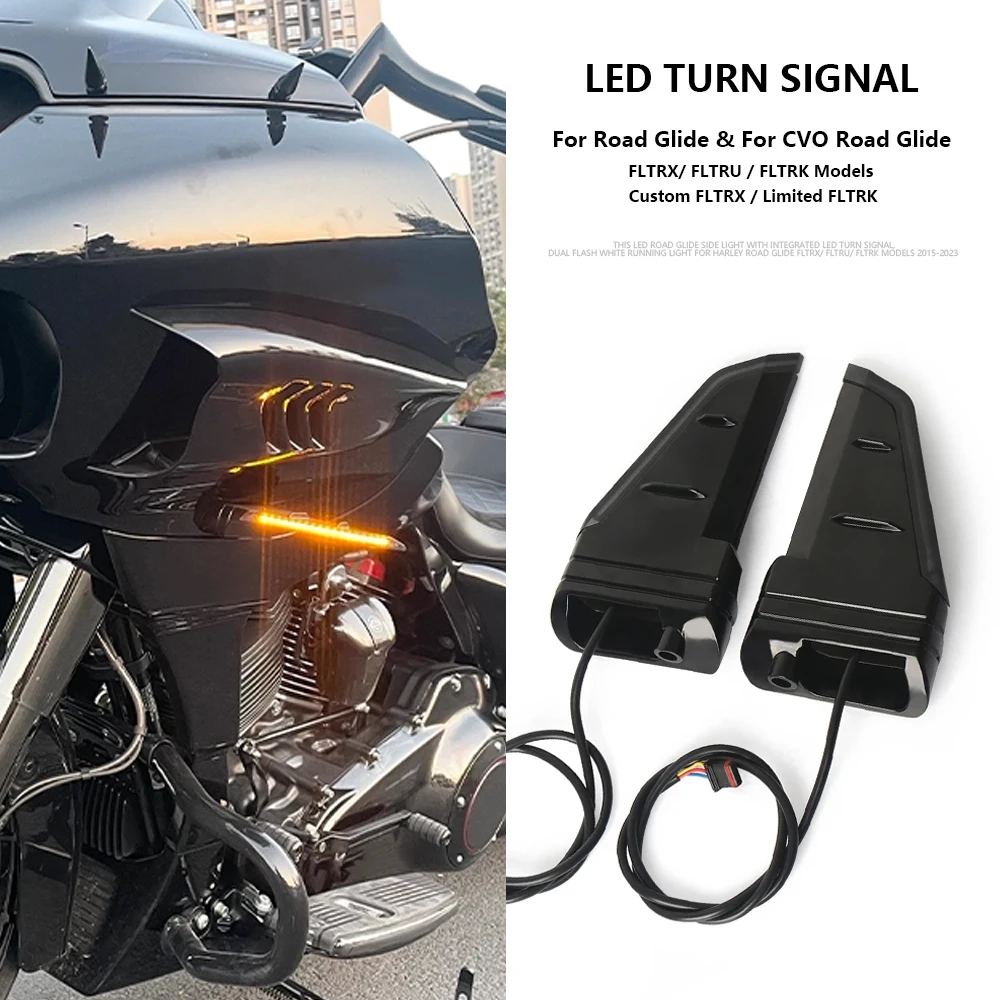 

New For Harley Road Glide FLTRX FLTRK FLTRU 2015-2023 Motorcycle Side LED Turn Signal Flowing Lights Double flashing Lamps Black