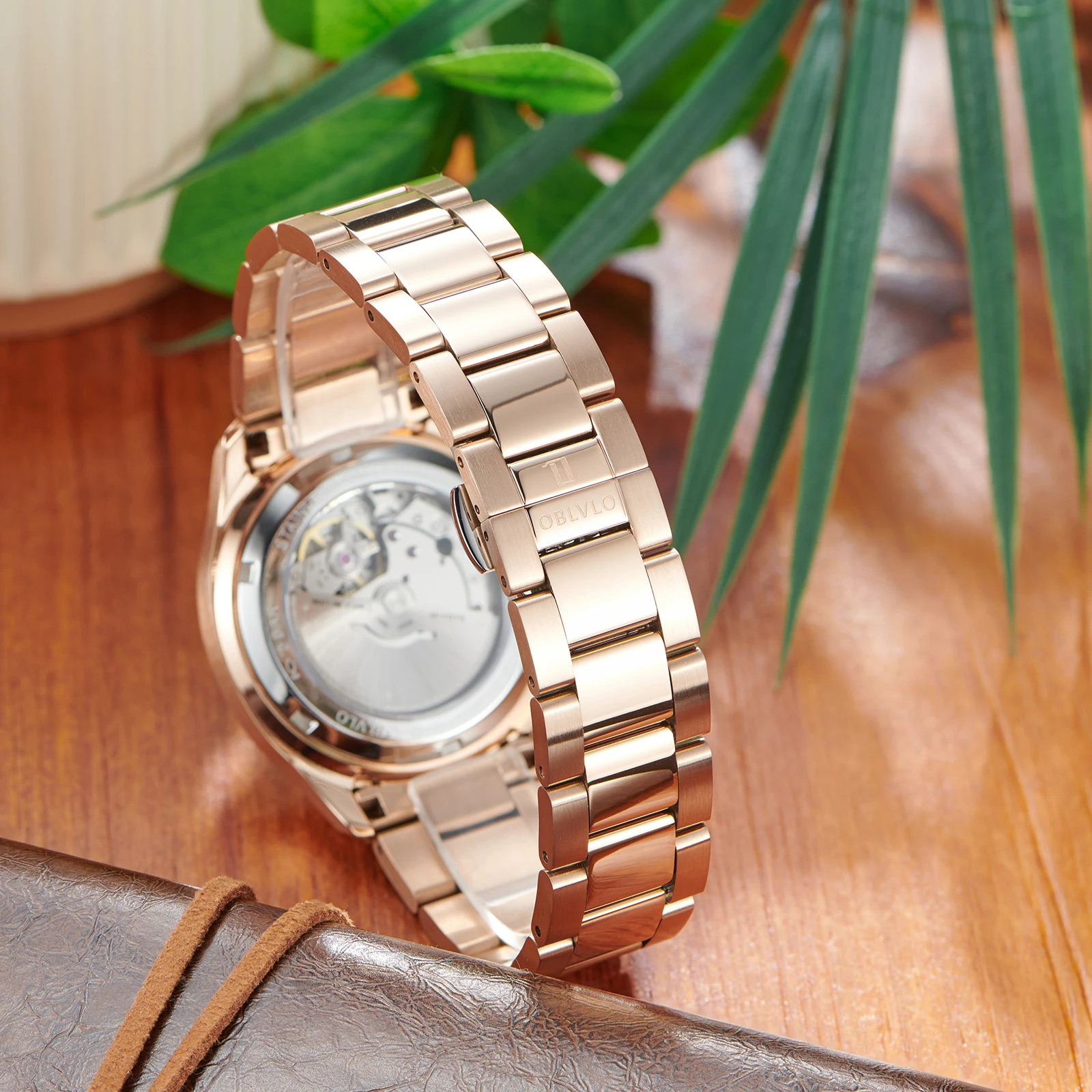 OBLVLO تريند روز الذهب البني الهاتفي Moonphase الميكانيكية ساعات أوتوماتيكية للرجال سوار الصلب مقاوم للماء ساعة رياضية FM-SL-DD