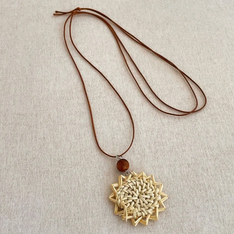 Bohemian Rattan Teardrop Pendant Necklace with Wood Beads