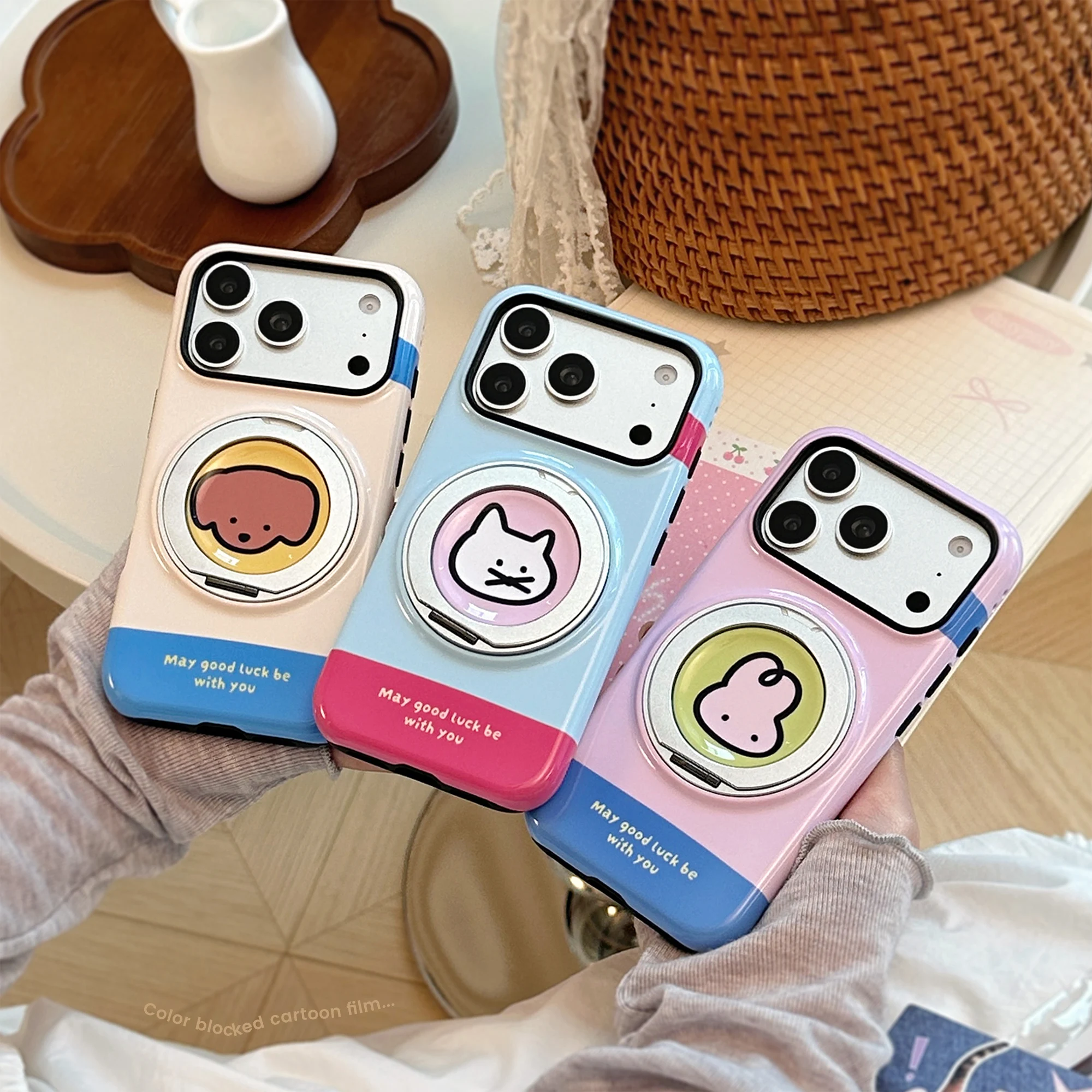 2 in 1 Letters Pattern White Purple Blue Glossy Cover Case For iPhone 17 16 15 14 13 Pro Max with 360° Rotation Animals Holder