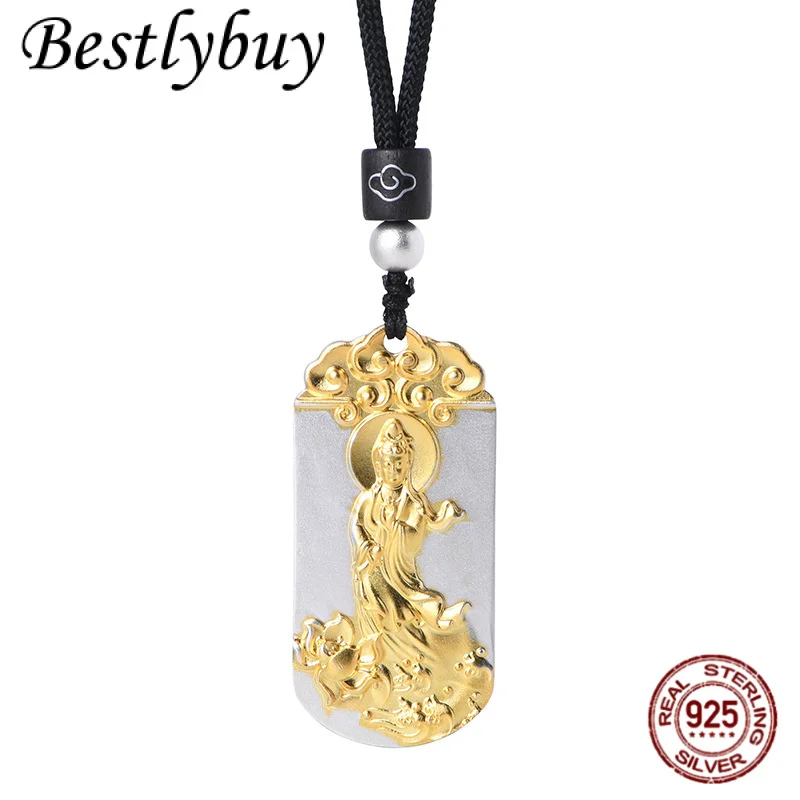 

Real 990 Foot Silver paint in gold Xiangyun Lotus Guanyin Solid No Event Card Men's Pure Silver Pendant