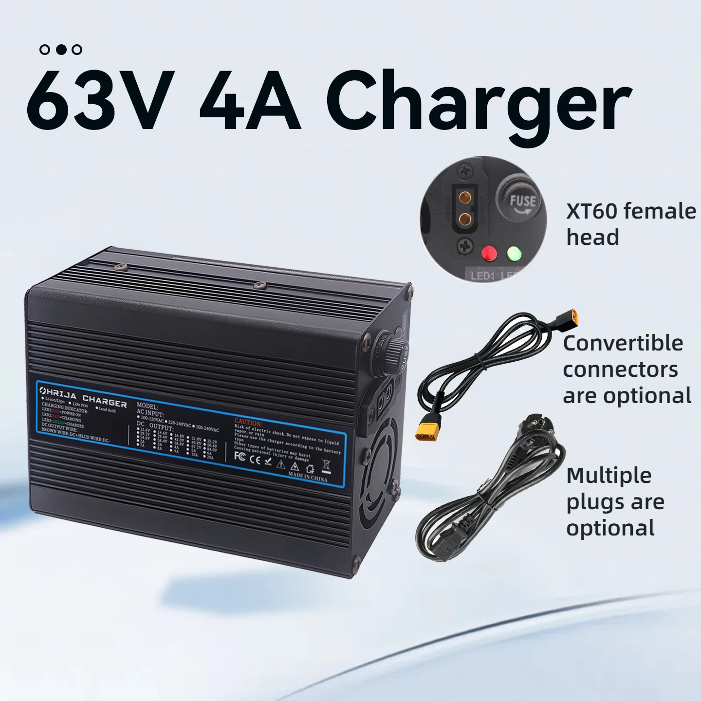 63V 4A Lithium charger quick aluminum shell suitable 15S 55.5V & Interchangeable Connector Fast stabilization with cooling fan