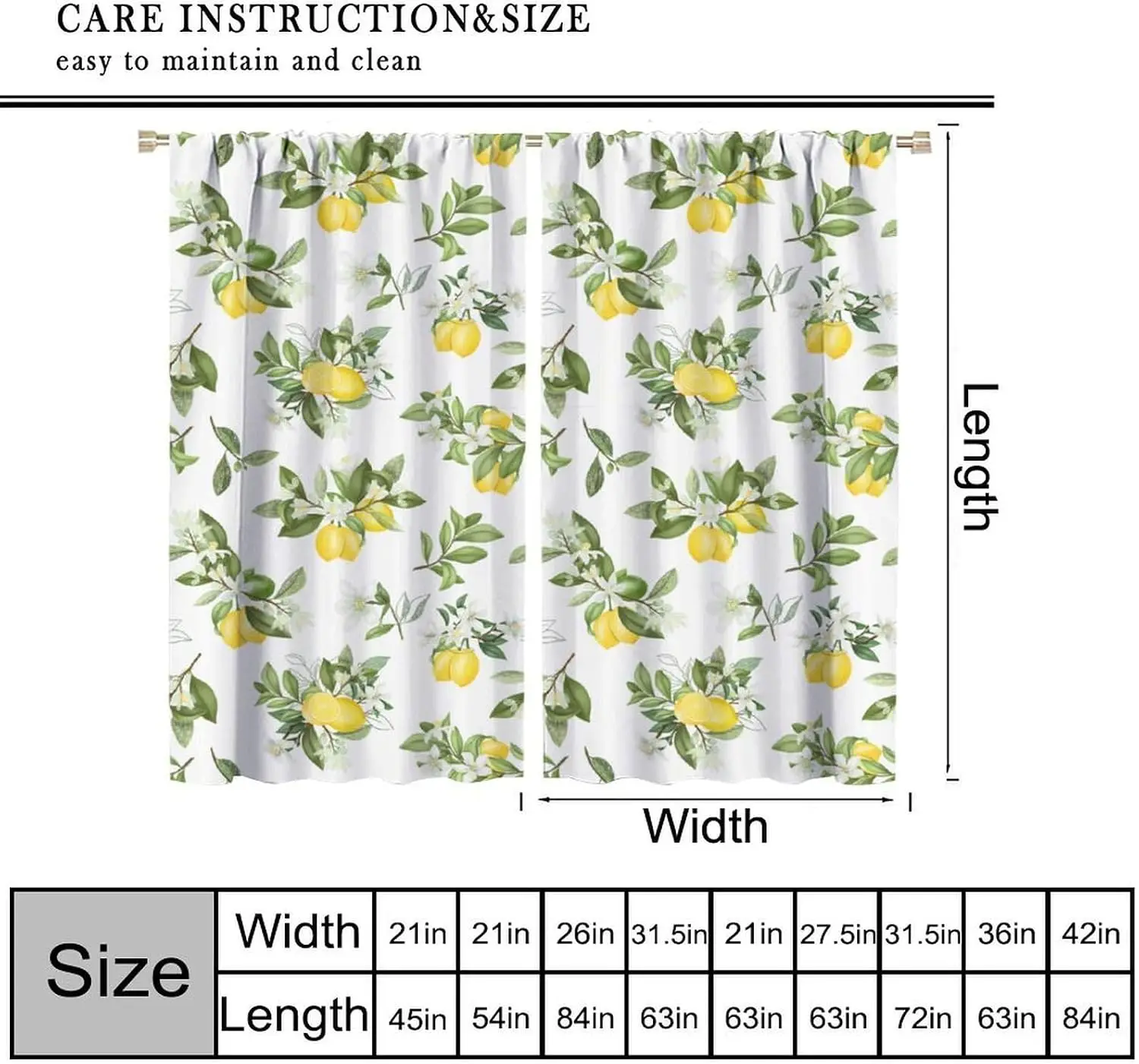 Watercolor Lemon Rod Pocket Curtain White Base Lemon Twig Green Leaf White Flower Print Window Drapes Farm Kitchen Room Decor