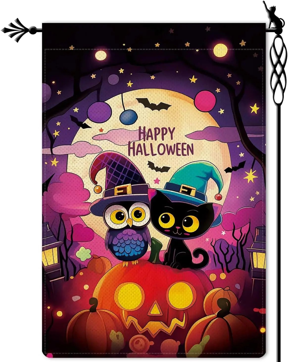 Cute Witch Owl & Black Cat Garden Flag Happy Halloween Flag Full Moonlight Ghost Pumpkin Bats Vertical Double Sided Rustic F