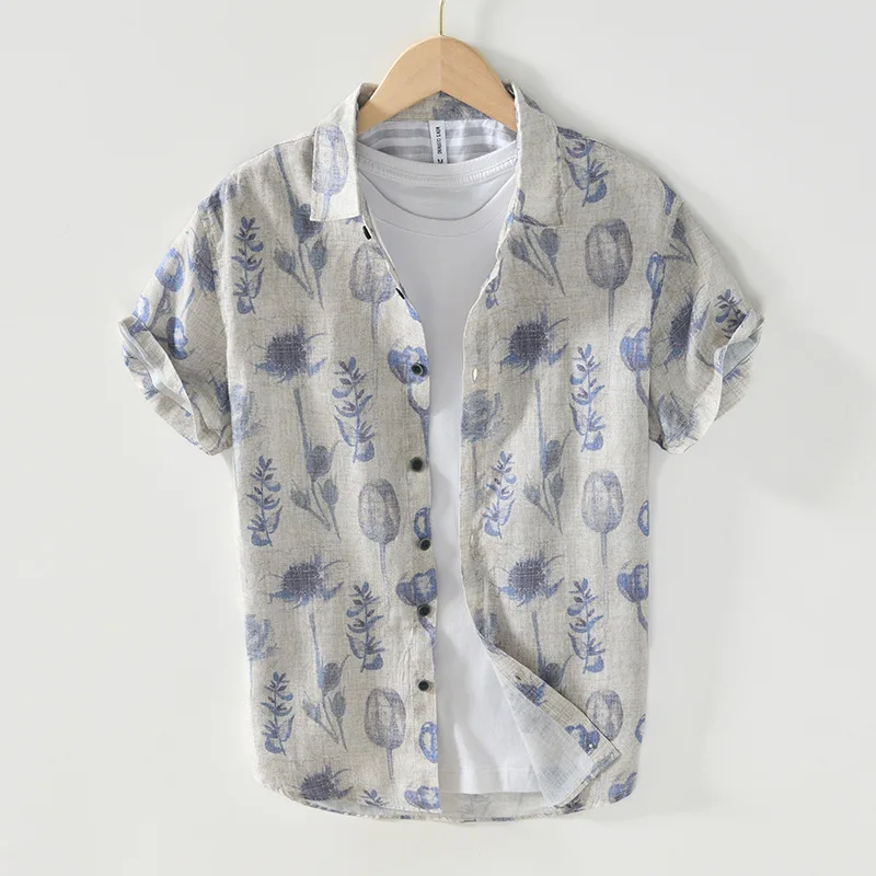 

Summer Hawaiian Printed Shirt Men and Women Beach Tops Lapel Pure Linen Short Sleeve Shirts Breathable Clothing Unisex Shirts