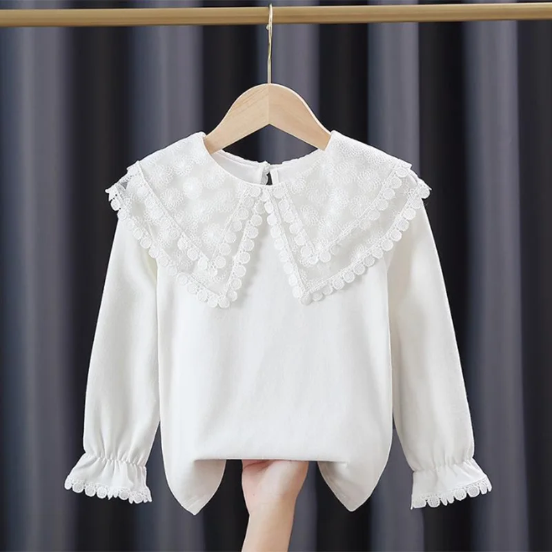 

Kids Autumn Top children's long sleeve White t-shirt for girls Girl's Sweet Lace Lapel Top Cotton base shirt Children's t-shirt