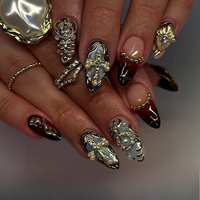 24Pcs Sweet Cool Gold Cross False Nails Metallic Shiny Nail Short Almond Press on Nails Diamond Pearl French Nail Y2k Fake Nails
