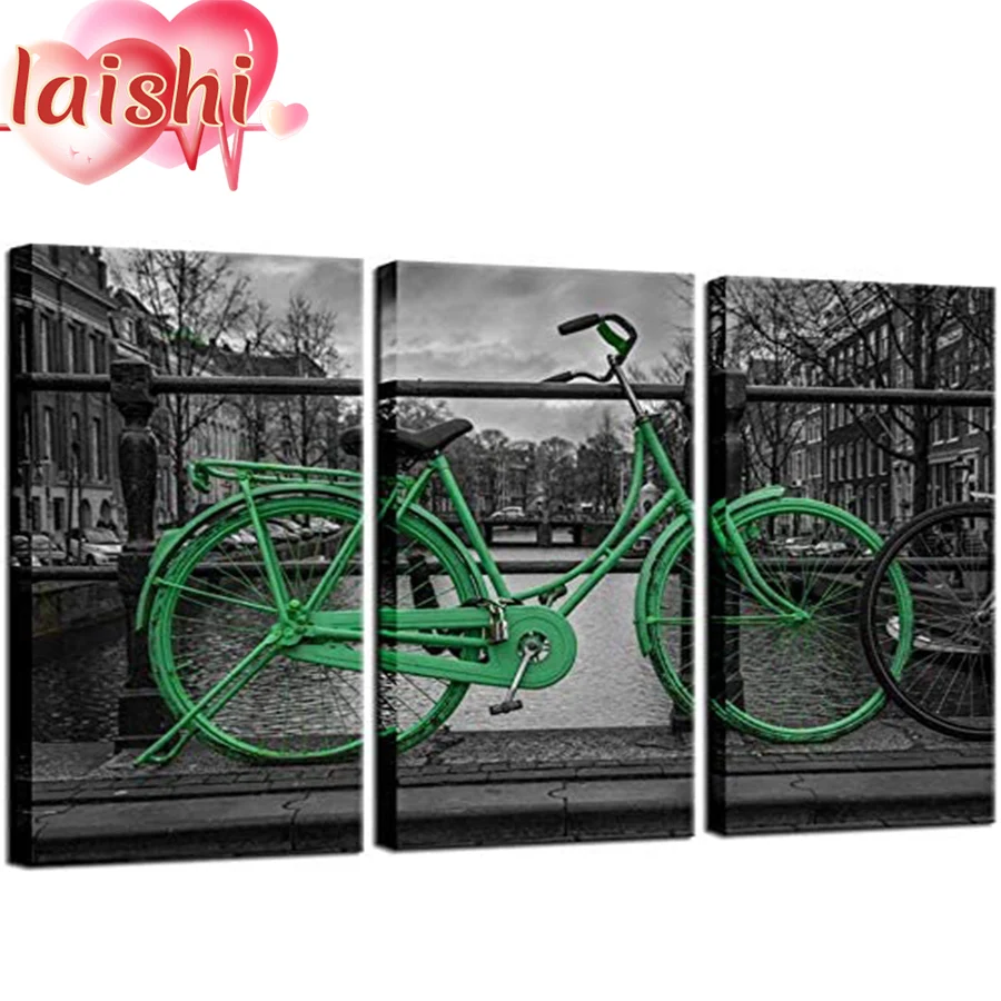 

3pcs Black and white green bicycle, city landscape full round diamond painting cross stitch diamond embroidery home decor gift