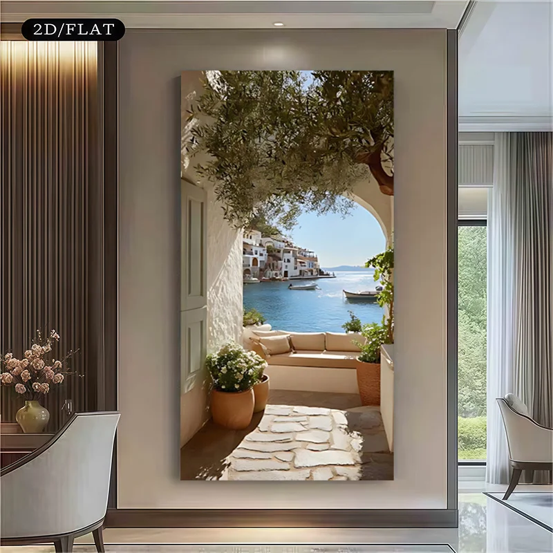 2D Flat,  Frameless Canvas Wall Art Print Featuring a Mediterranean Seascape with White Buildings And Boats, Vibrant Colors, Mod