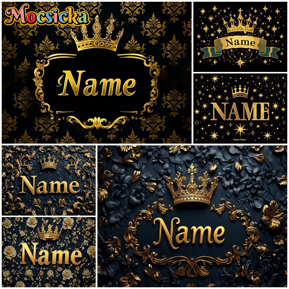 

Mocsicka Custom Name Crown Backdrop Photography Children Birthday Adult Wedding Background Art Flower Pattern Party Decor Banner
