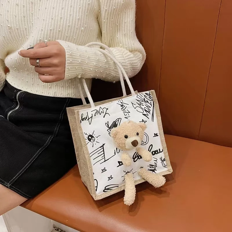 

Cartoon Bear Canvas Bag Cute Portable Shopping Bag Large Capacity Eco Tote Women Students Travel Shoulder Cloth Handbag