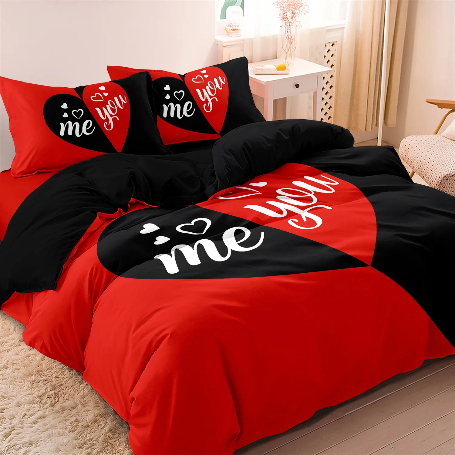 Juego de 3 uds., funda nórdica con estampado de corazón y letras rosas rojas y negras, juego de cama para dormitorio de todas las estaciones, hoteles