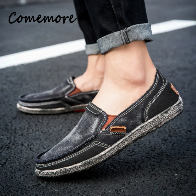 Comemore New Men's Denim Canvas Shoes Fashion Casual Flat Non Slip Outdoor Footwears Slip On Loafers Big Size Vintage Sneakers