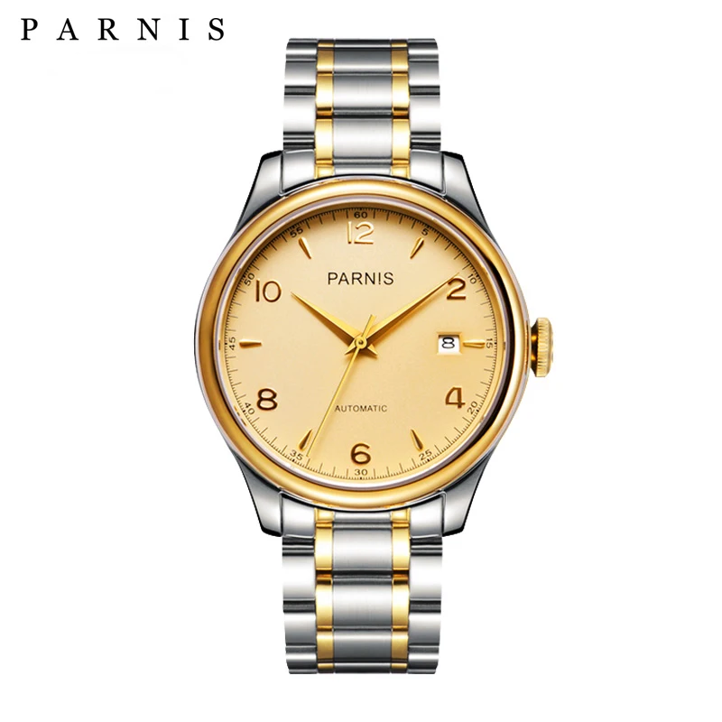 

2024 Luxury Brand Parnis 38mm Gold Dial Mechanical Automatic Men's Watches Sapphire Crystal Calendar Waterproof Men Watch Gift