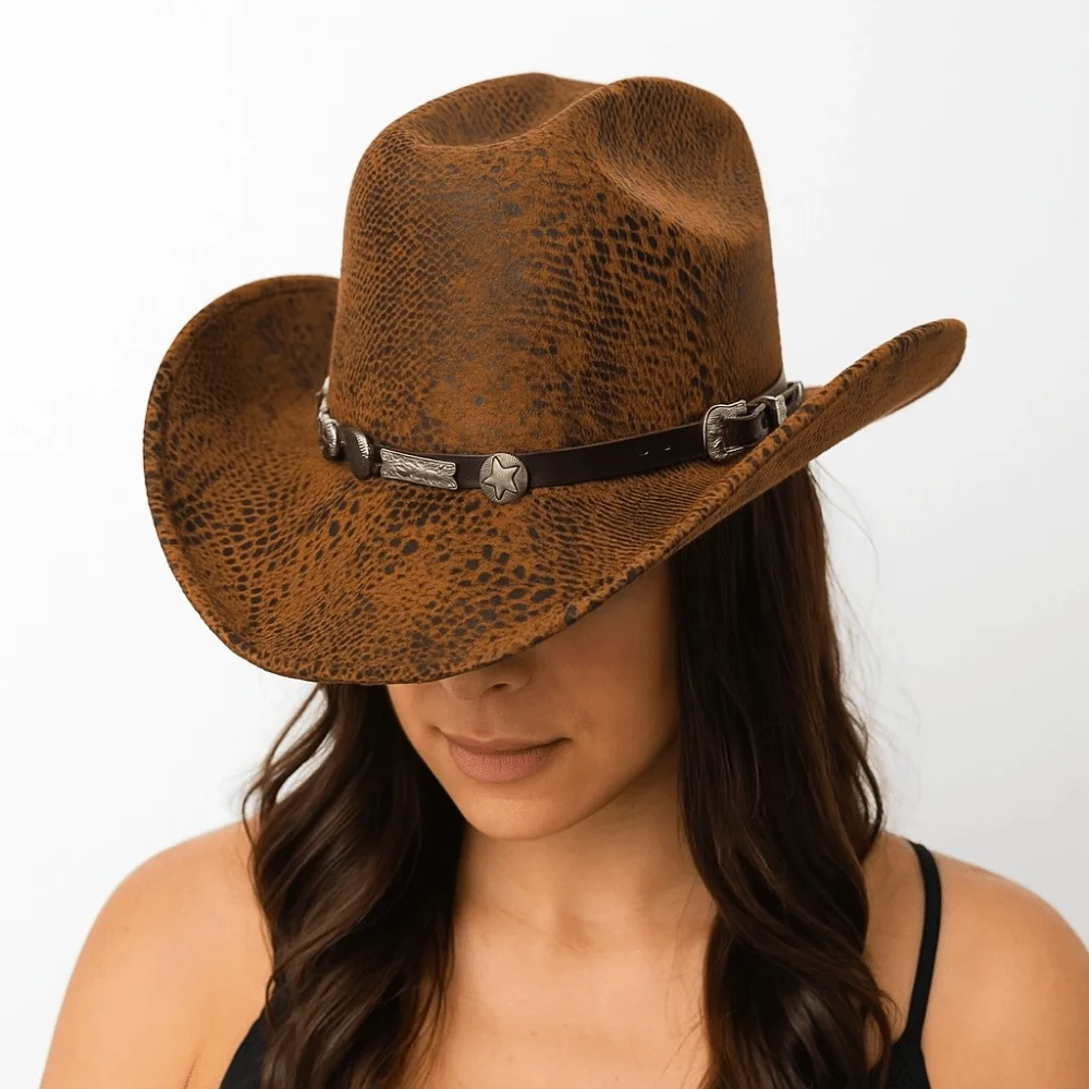 

Punk Ethnic Style Western Cowboy Hat Serpentine Wide Brim Cowgirl Jazz Hat Polyester Solid Color Visor Caps Outdoor