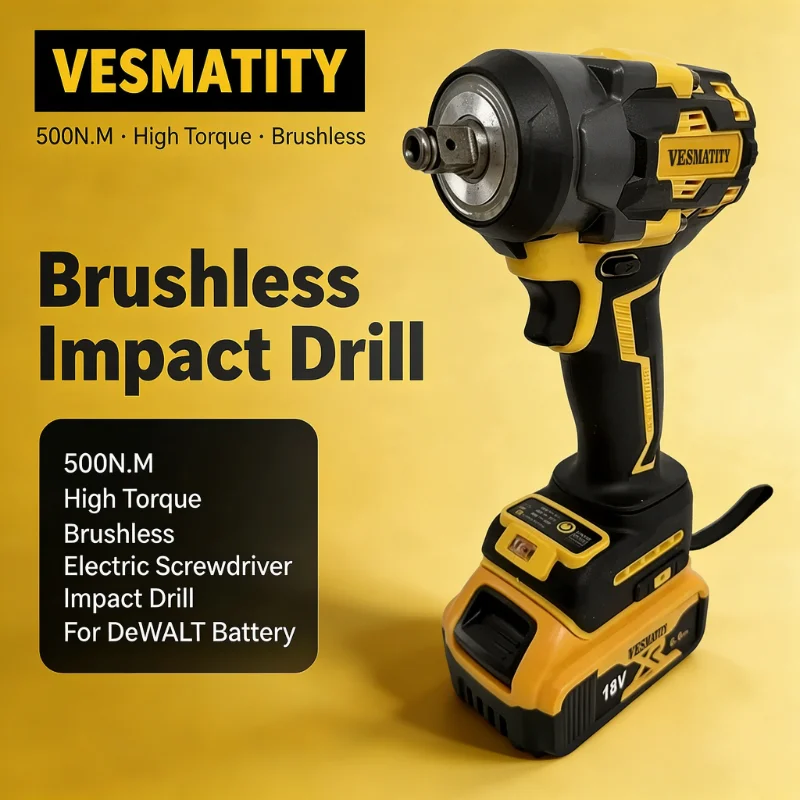 Brushless 500N.M High Torque Electric Screwdriver Impact Drill Electric Drill Screwdriver Power Tool For DeWALT Battery