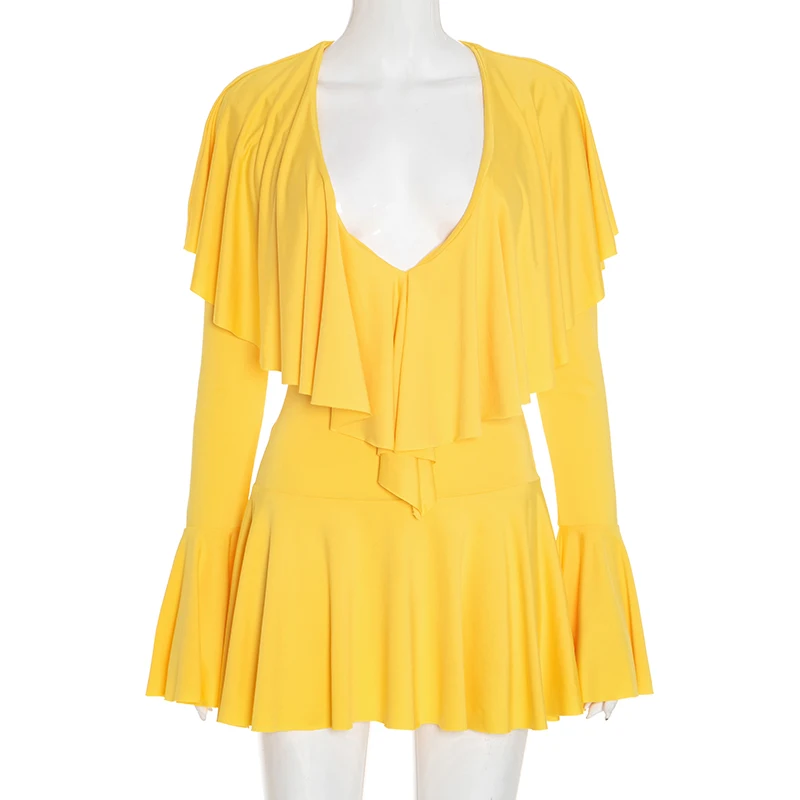 CUTENOVA المرأة خريف جديد وصول بلون عادية كم طويل عميق الخامس الرقبة تكدرت فستان قصير أنيق شيك فستان الحفلات