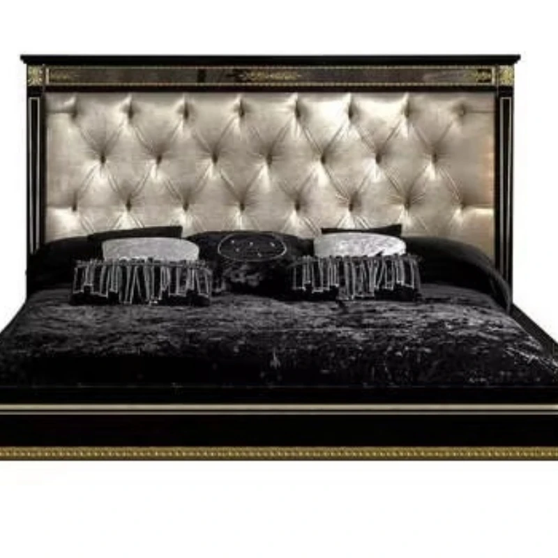 Luxury classic bed, button tufted decoration, champagne upholstered headboard, glossy black wood frame