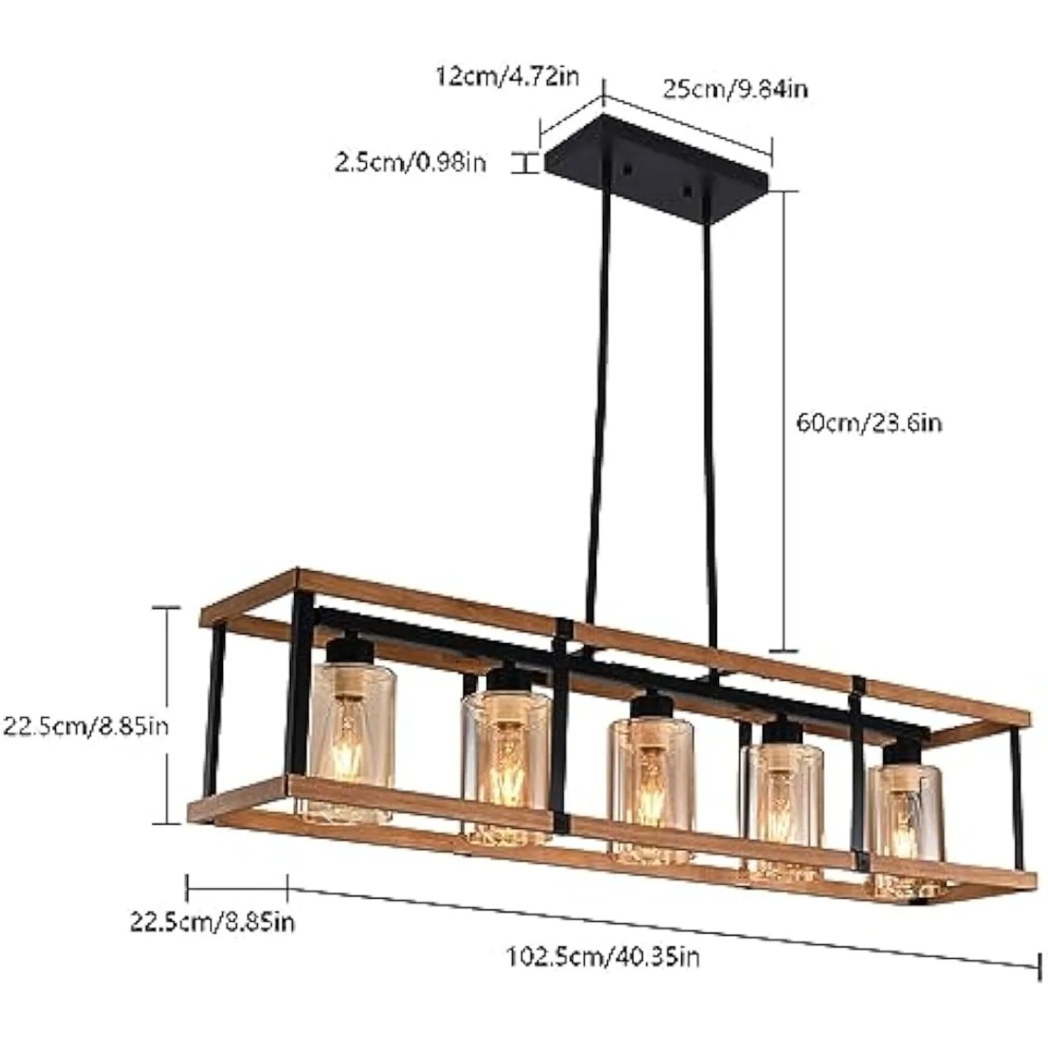 Farmhouse Large Linear Wooden Chandelier 5-Light Dining Room Chandelier Light Fixtures Over Table-Kitchen Island Lighting