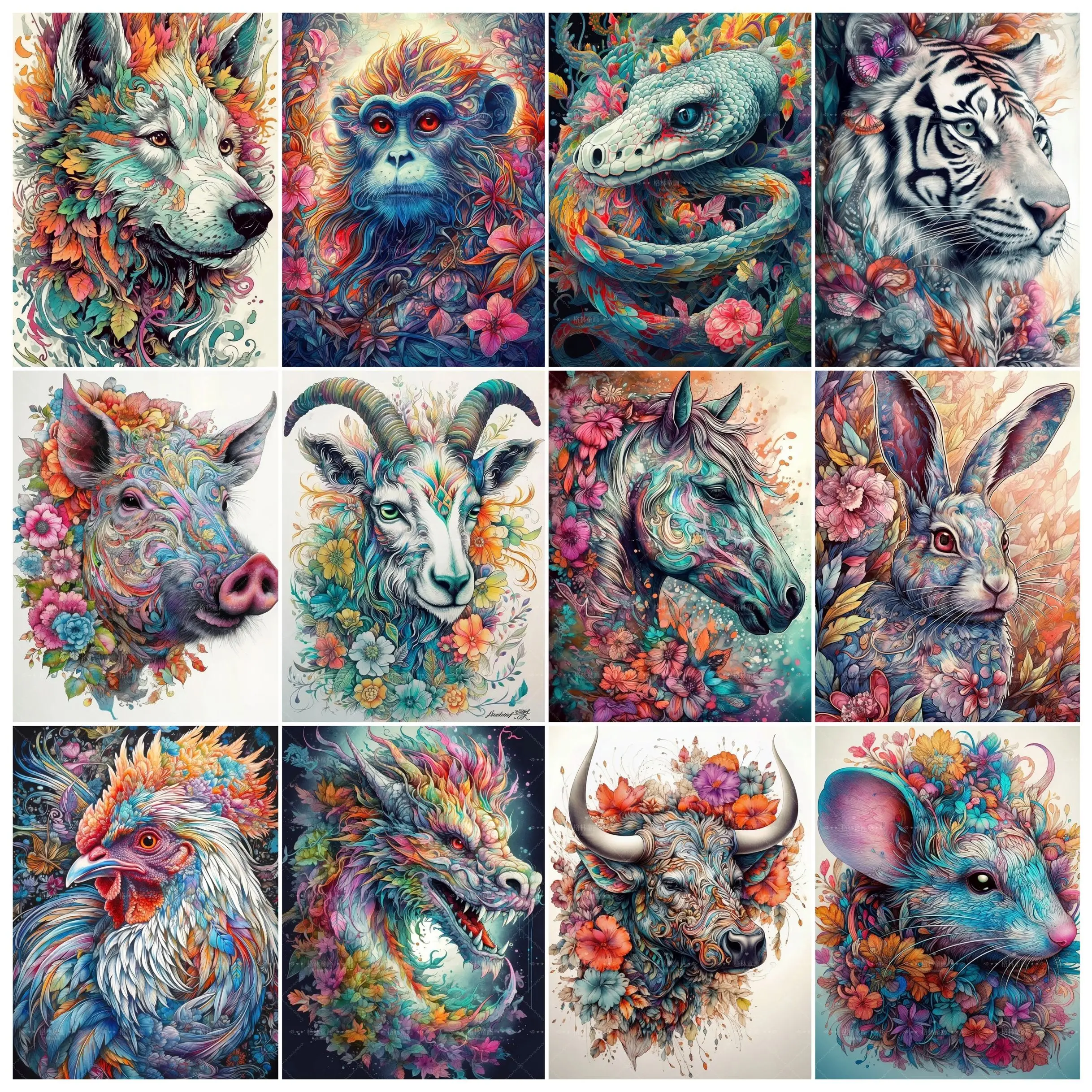 

The 12 Chinese Zodiacs Diamond Painting Kit 5D DIY Full Drill Fantasy Colorful Flowers Animal Puzzle Embroidery Art Home Decor