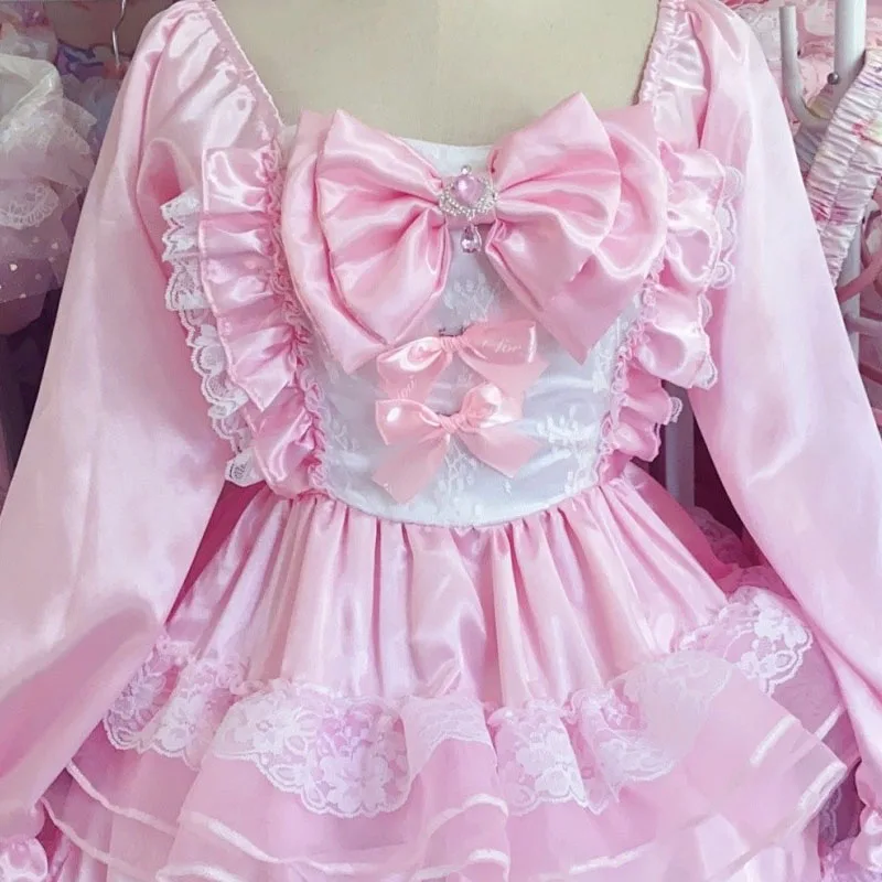 

Sexy Girl Satin Pink Glossy Long sleeved Sissy Dress Maid COS Cosplay ABDL bowknot Lace Ruffled Princess Tulle Puffy Mini Dress