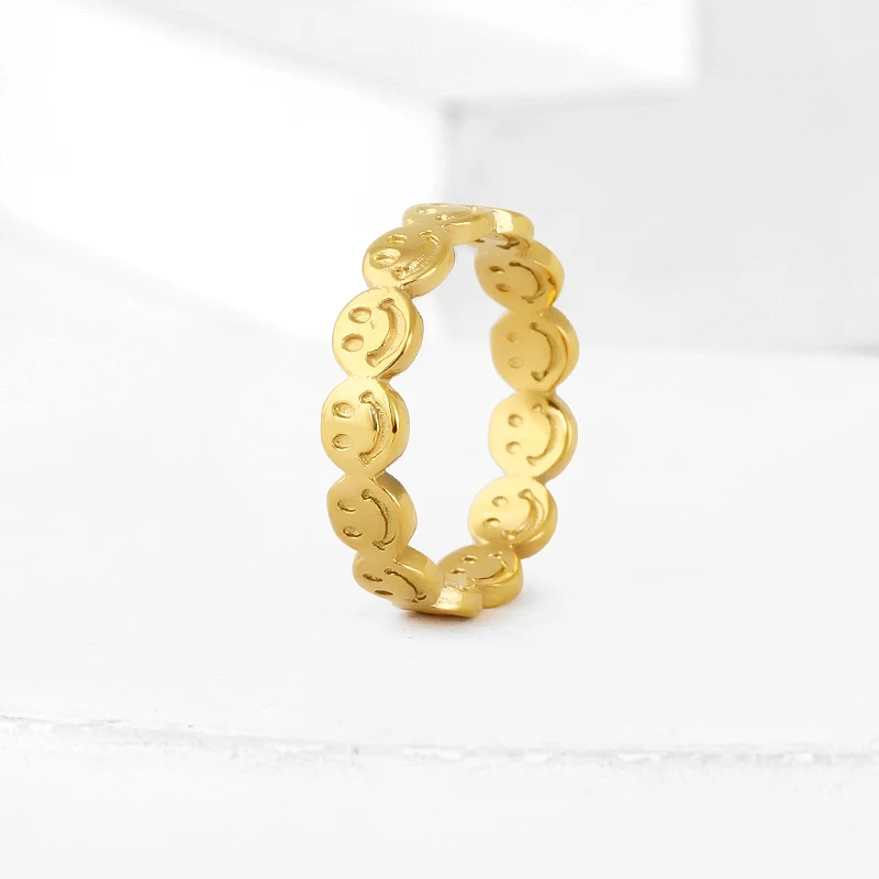 18k Plated Fashion Gold Colour Stainless Steel Smile Ring For Man Women Couple&Wedding Jewelry Charm Personality Accessories