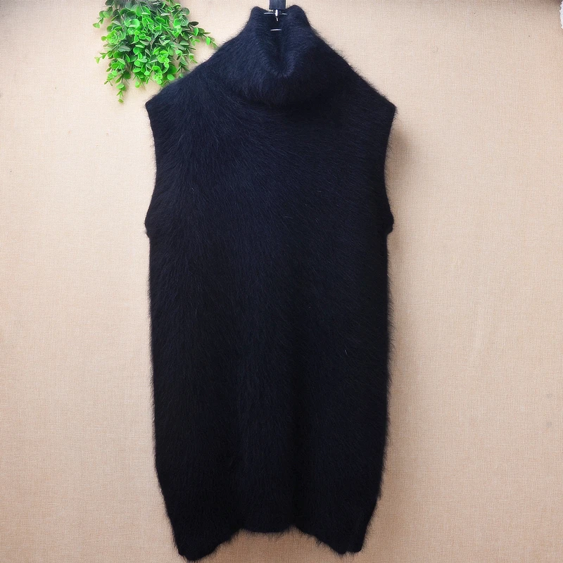 04 Ladies Women Fall Winter Clothing Hairy Angora Rabbit Hair Knitted Sleeveless Turtleneck Slim Blouses Vest Mink Fur Sweater