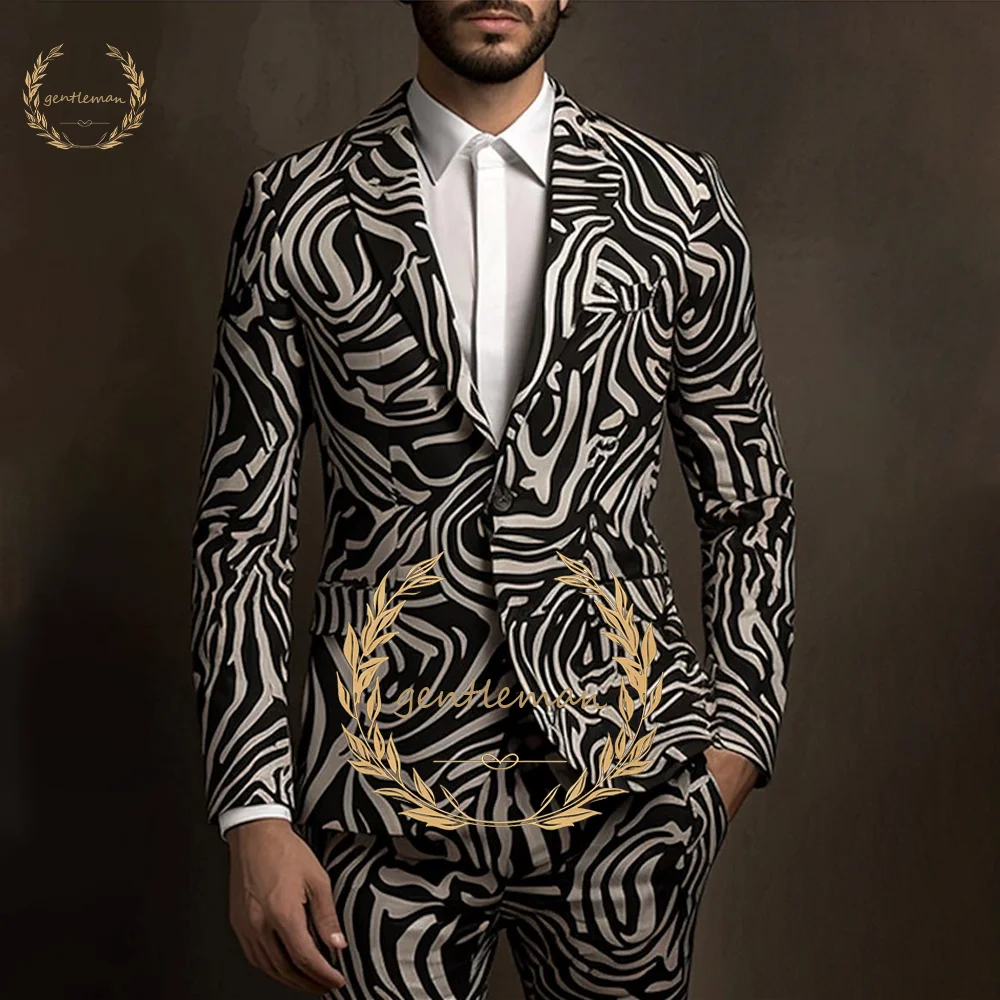 Terno masculino com estampa de zebra, botão único, lapela plana, 2 peças, festa de casamento personalizada, coquetel, noivo/boniro, moda slim