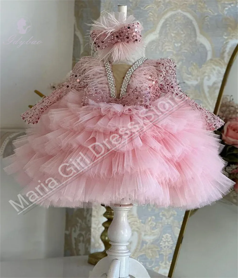 Beautiful Elegant Sequin Long Sleeved Girl's Dress Pink Feather Decoration Children's Piano Performance Runway Performance