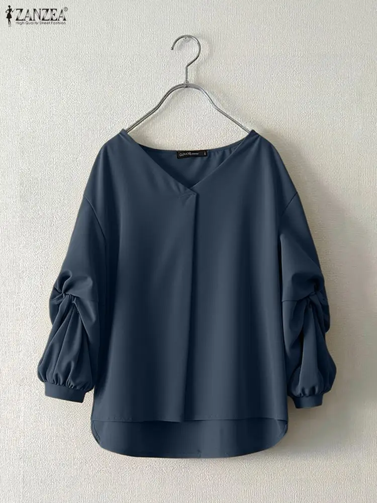 ZANZEA 2025 ファッション エレガント シャツ レディース 長袖 ブラウス 無地 秋 カジュアル ゆったり Vネック プリーツ オフィス レディースブラウス