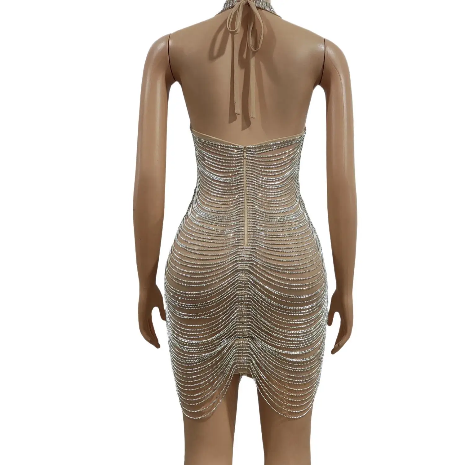 Xuegao Luxury Bling Fringed Crystal Rhinestone Halter Mini Dress Ladies See Through Bodycon Cocktail Evening Party Dress