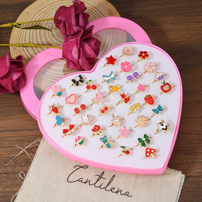36Pcs Adjustable Ring Set Enamel Owl Rabbit Cherry Strawberry Bow Flower Heart Turtle Mushroom Open Rings with Heart-Shaped Gift Box Little Girl Princess Dress up Jewelry Birthday Party Gift