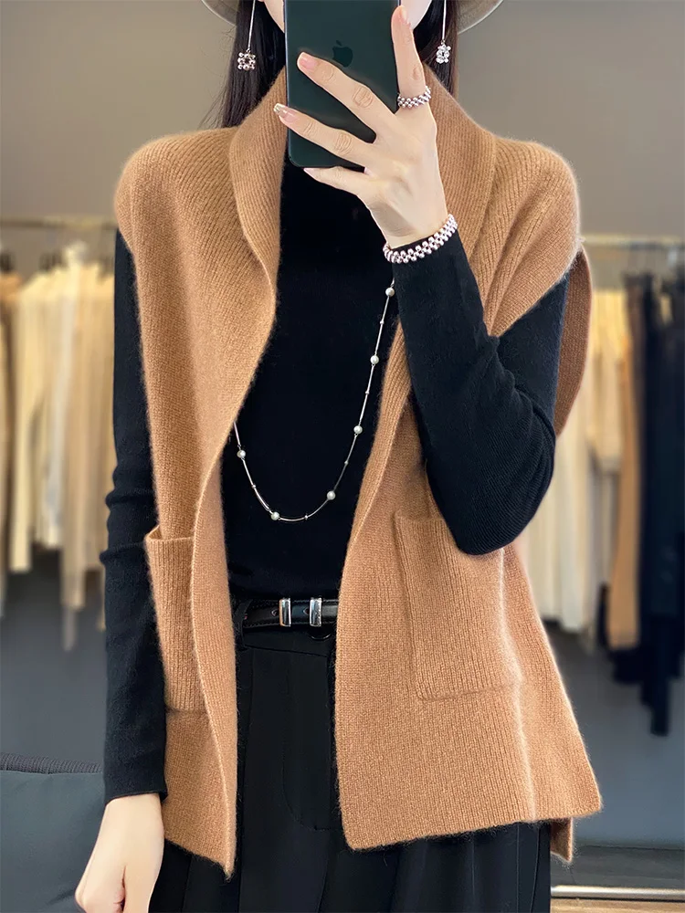 

New Fashion Autumn Winter Woman Sweater Vest 100% Merino Wool Knitwear Elegant Cardigan Lady Clothing Tops Female Pocket Jersey