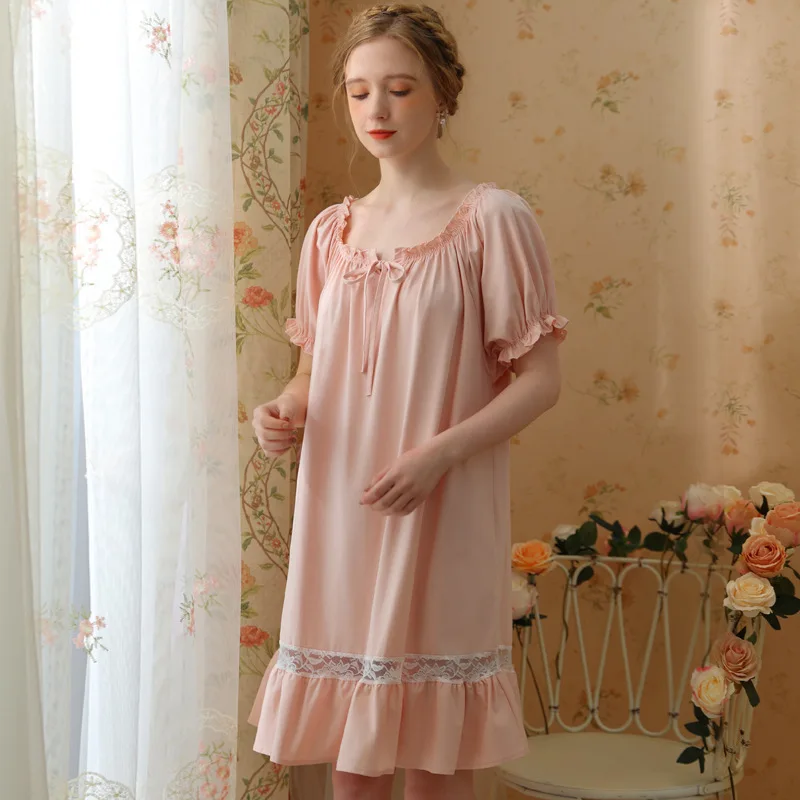 Sweet Princess Short Sleeves Lace Nightdress French Sexy Knee-Length Nightie Comfy Cotton Loose Homedress Nightwear For Women