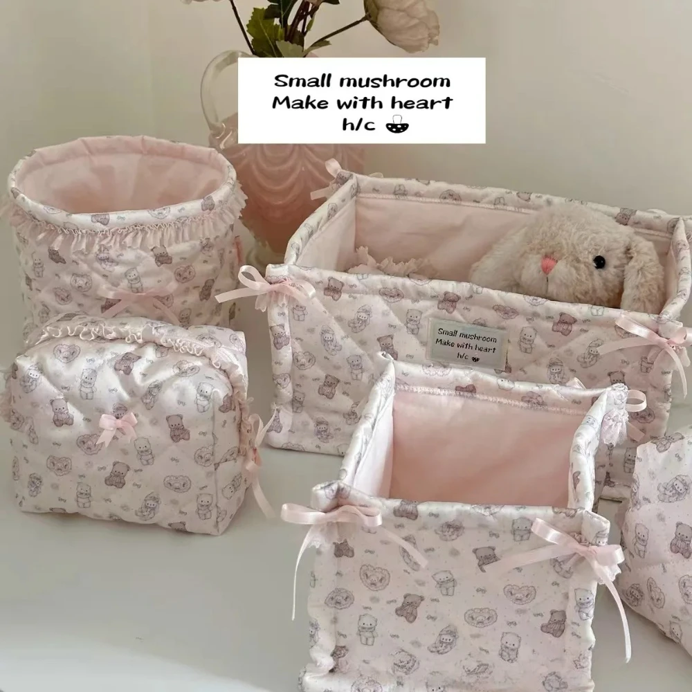Dreamy Girl Rectangular Satin Storage Basket Desktop Organizer Storage Basket Pink Bear Home Decoration Travel Essentials