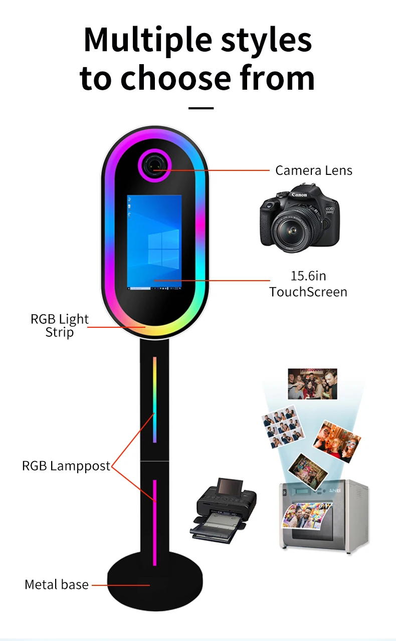 Easy Install Mirror Photo Booth 15.6 Inch Touch Screen Camera Printer for Smartphones Multi-OS 3-6 People Instant Photobooth