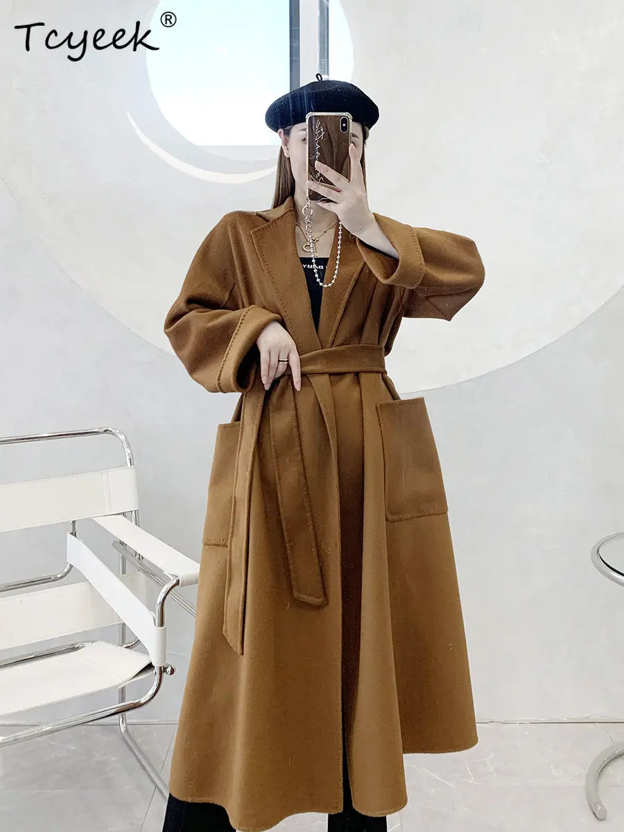 Tcyeek 100% Cashmere Jacket Women High-end Womens Coats Mid-length Trench Coat Woman Winter Clothes Double Sided Water Ripple