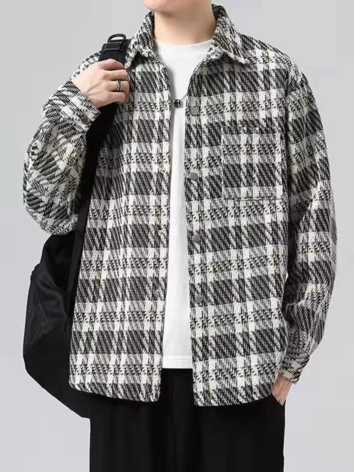 

American High Street Plaid Jaet Men's Spring Autumn Loose irt Coat Casual Loose Button Decorated Windproof Long Sve
