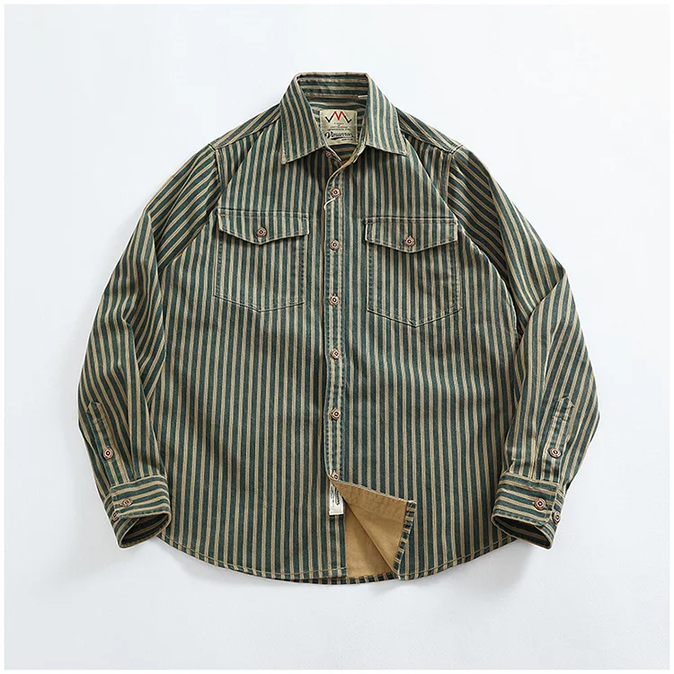

American Retro Striped Cargo Long Sleeved Denim Shirts for Men Spring Autumn Oversized Loose Men Shirts Jacket Coat Streetwear