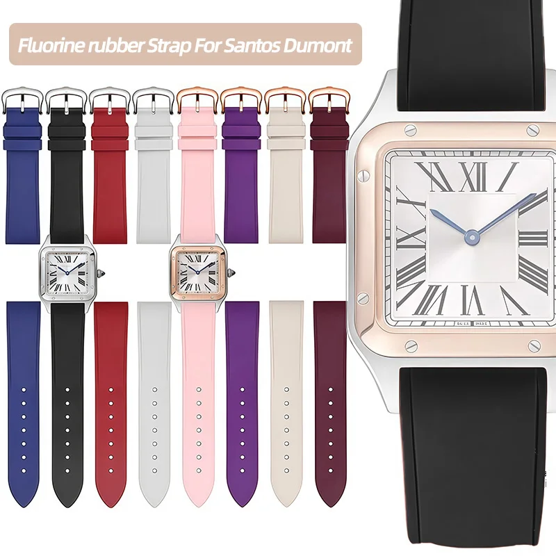 

Fluorine rubber watchband For Cartier Santos Dumont series lady's Pin buckle 17.5mm waterproof bracele Metal Quick release Strap