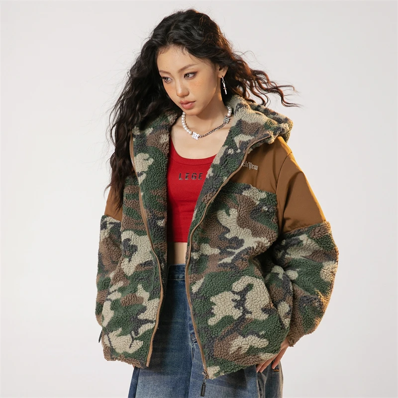 Women\'s Hooded Plush Down Jacket Camouflage Hoodie Male Winter Faux Fur Coat Women Luxury Trench Coats Winter 2023 Short Parkas