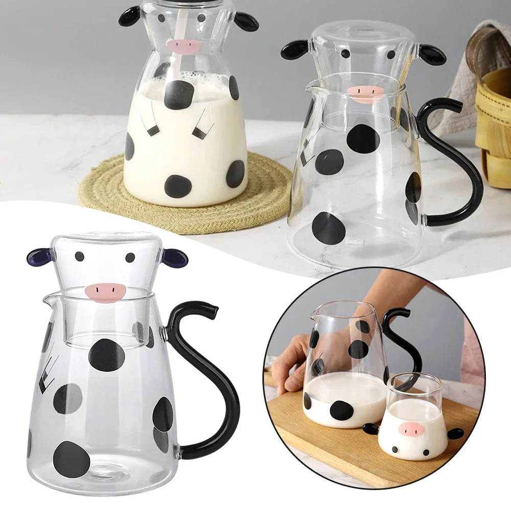 

Glass Cold Kettle With Handle Lovely Cartoon Cow Cold Cup Flowering Teapot Milk Iced Beverage Bottle Jug Kitchen Supplies