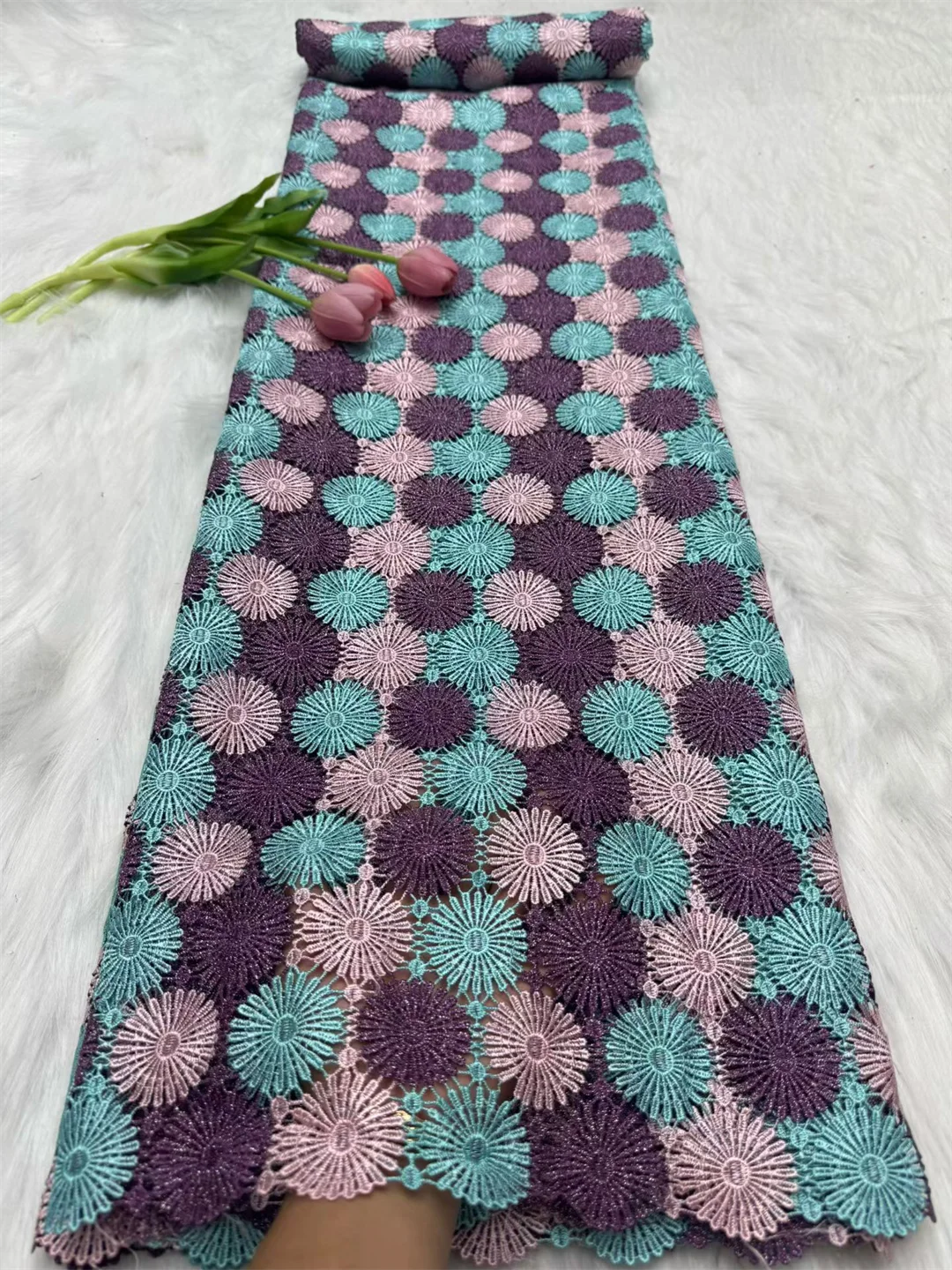 

High Quality Laday's Lace With Korea Made Heavy Luxury Colorful African Guipure Cord Fabric Ceremonial Robe Formal Dress