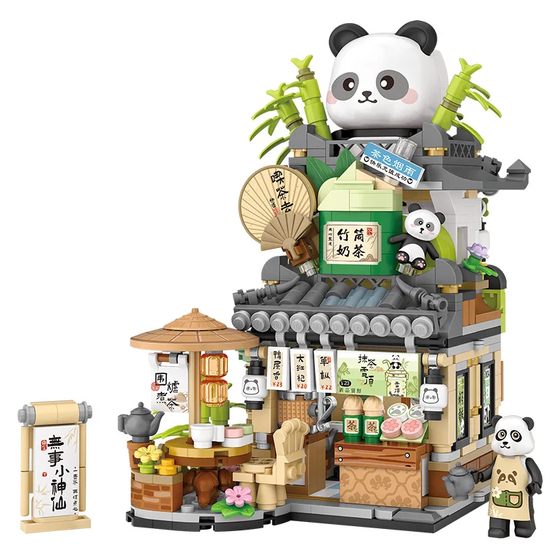 Piccole particelle Building Blocks Street View Panda Tea House Orso Caffetteria Building Blocks Giocattoli Modello Regalo di Capodanno fai da te