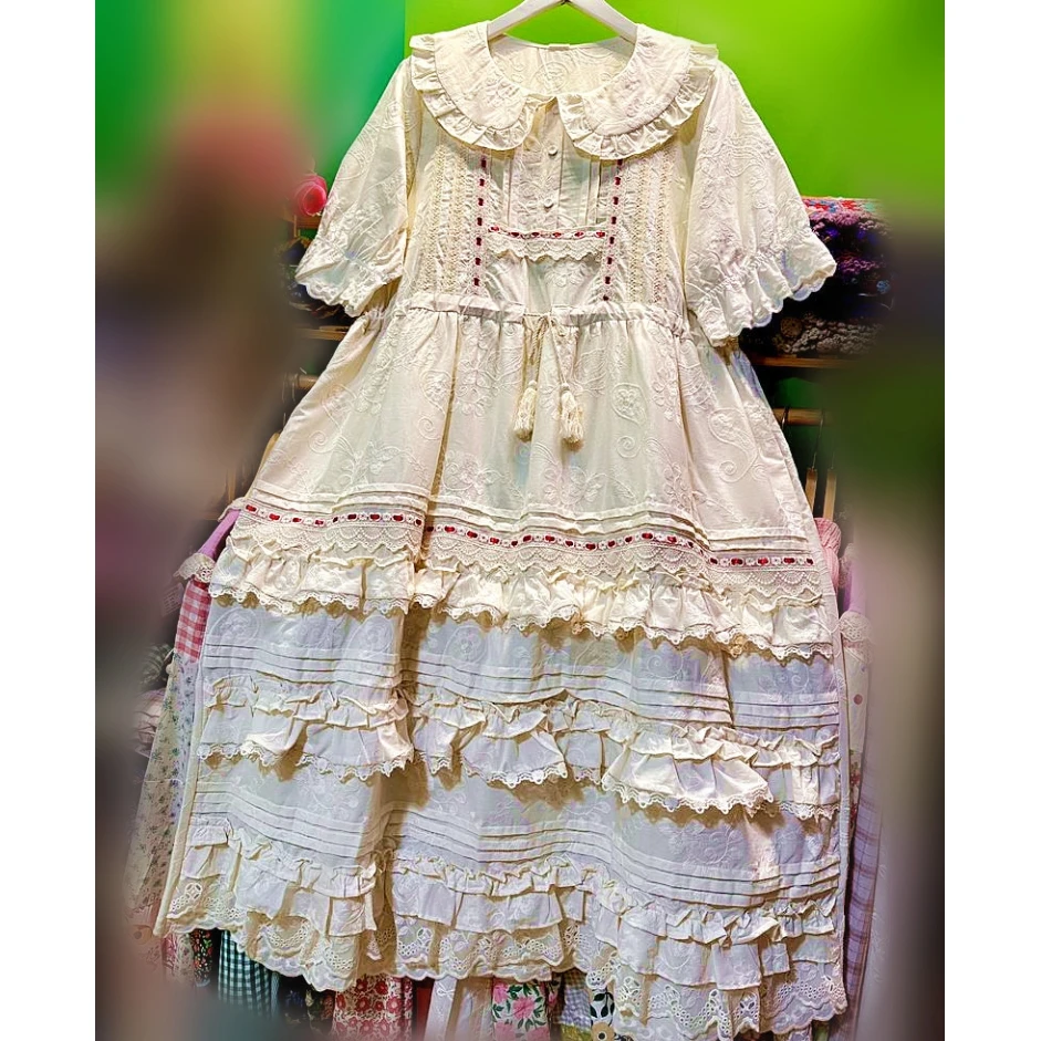Women Vintage Ruffled Lace Rococo Victorian Cotton Midi Dress Summer Edwardian Lolita Sweet Kawaii Mori Girl Cottage Long Dress