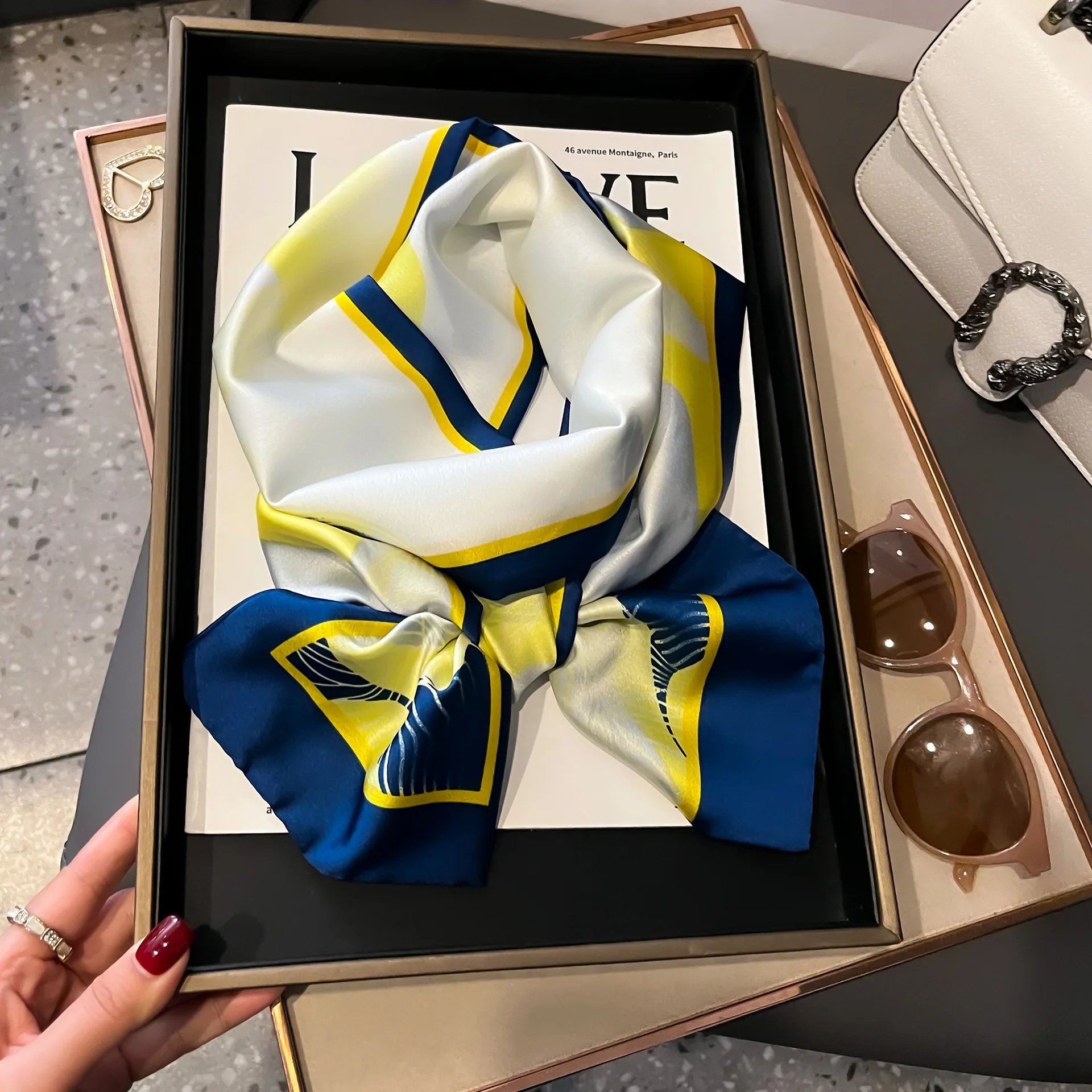 Luxus Hahnentritt Druck Nachahmung Seide Schal Stirnband Halstuch Foulard Weibliche Haar Schals Krawatte Dünne Schals Weiche Satin – Detail 17