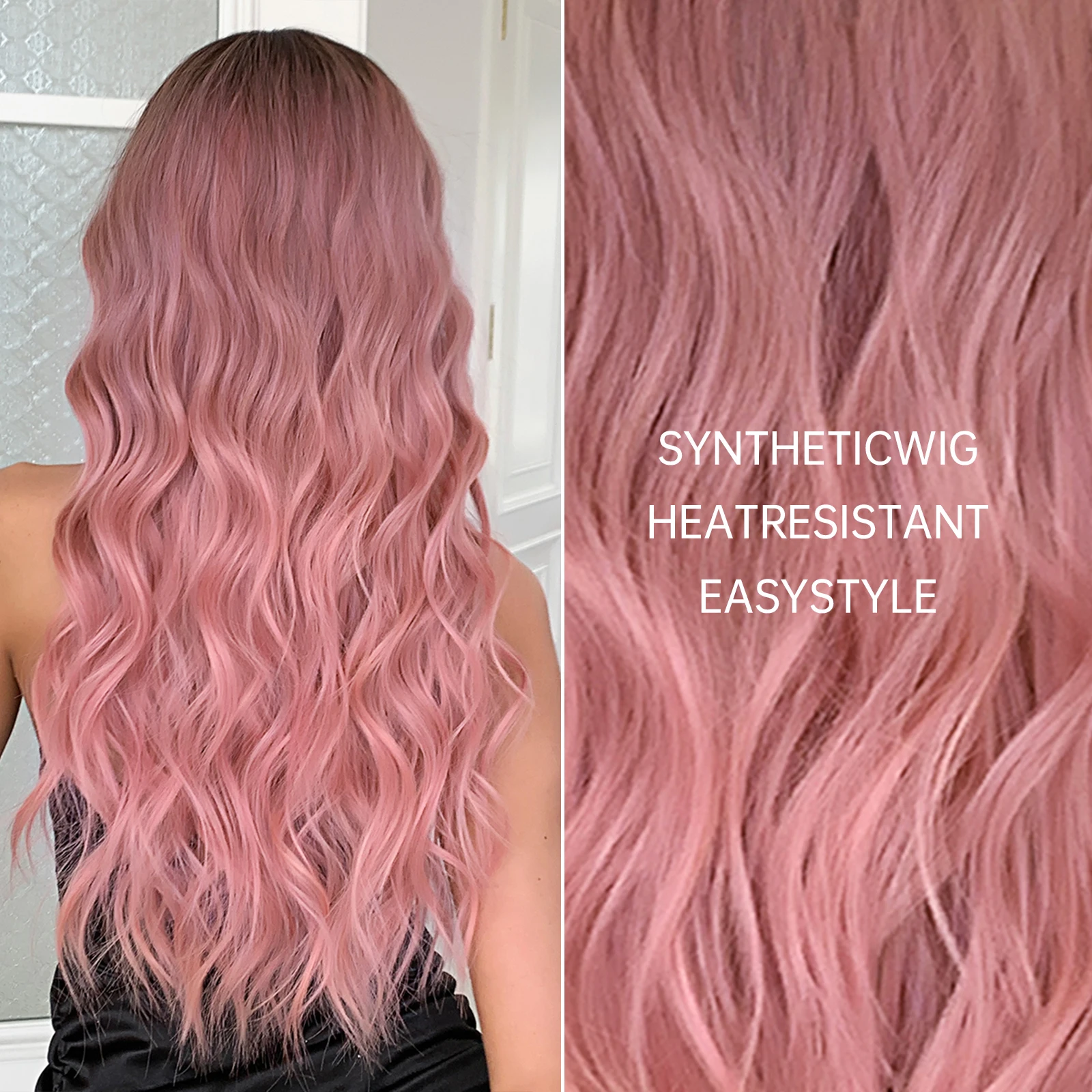 Pink Long Wavy Wigs with Bangs Synthetic Dark Roots Wigs for Women Natural Wave Fake Hair Heat Resistant Cosplay Party Use Wig